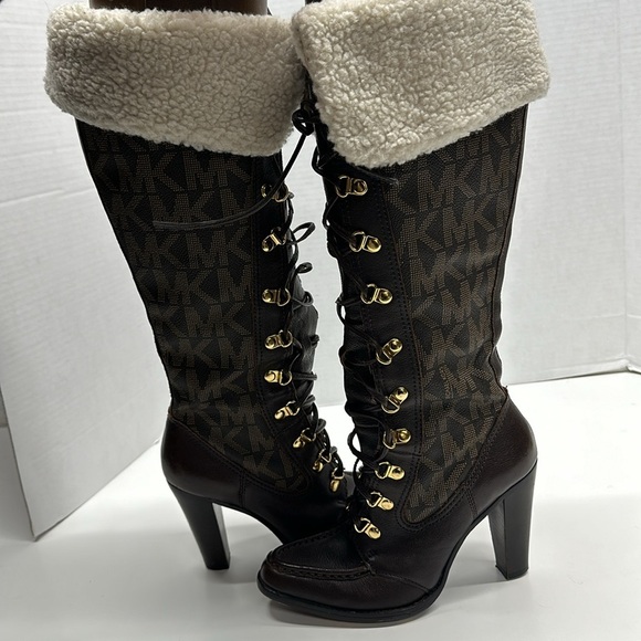 Michael Kors Warrior Lace Up High Heels Leather Tall Boots Sherpa Brown Size 6.5 - Picture 6 of 12